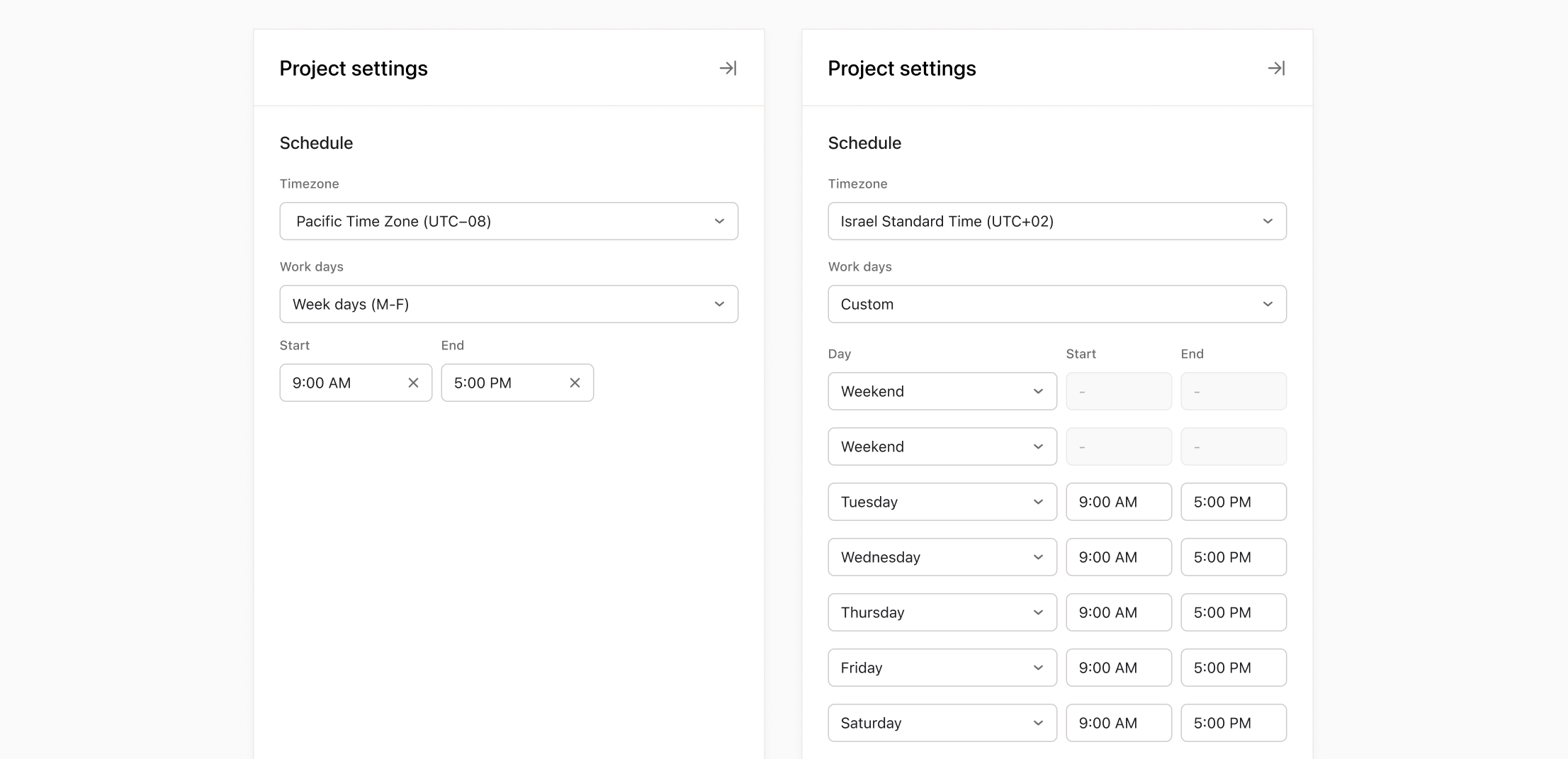 Project specific schedules